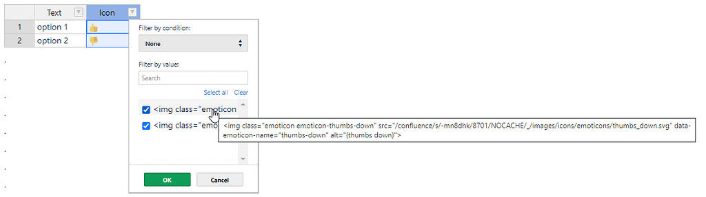 Render HTML in column filter options - Questions - Handsontable Forum